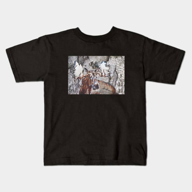 Majestic Moose Head with Enormous Antlers - Birch Bark Painting Kids T-Shirt by Vlad